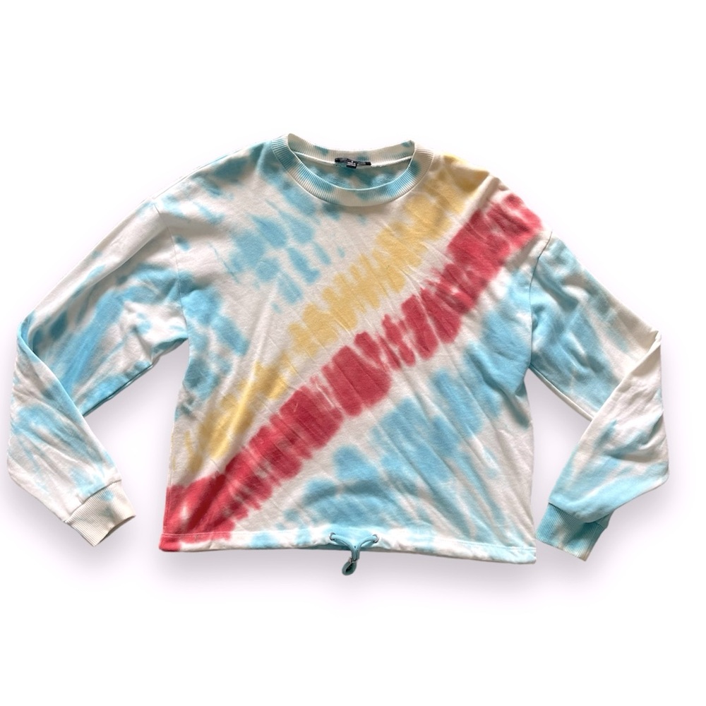 Ransom Tie-Dye Pullover Crewneck Sweatshirt Drawstring Hem Blue White Red Small